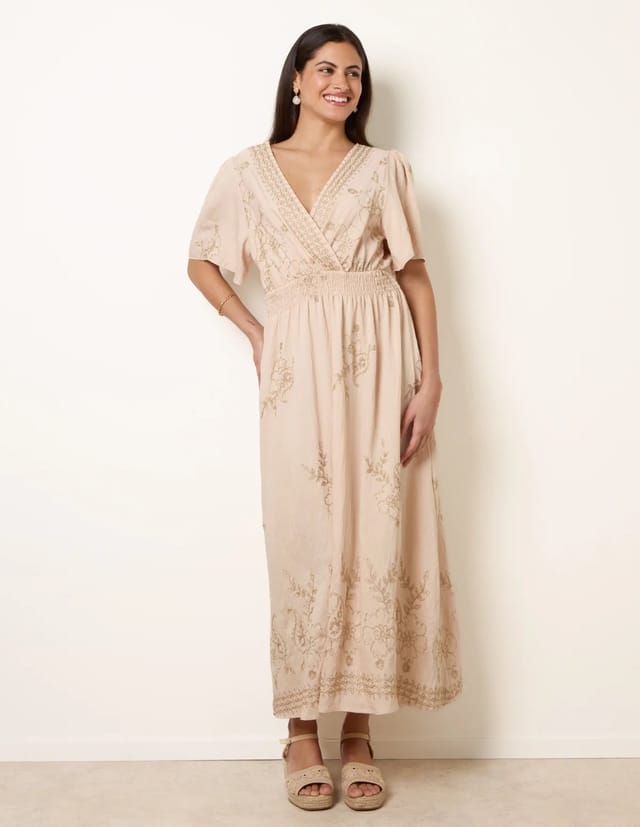 Blue Vanilla Wrap Front Metallic Embroidery Floral Dress - 3