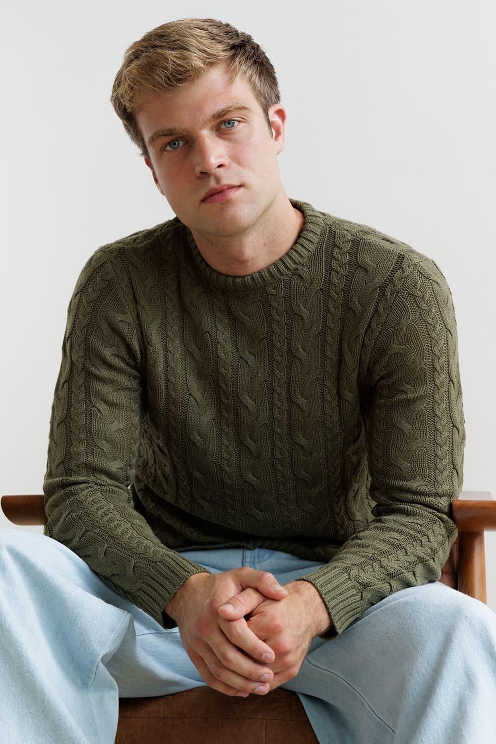 Influence Influence Men's Cable Knit Crew Neck Long Sleeve Knit Jumper in Khaki
