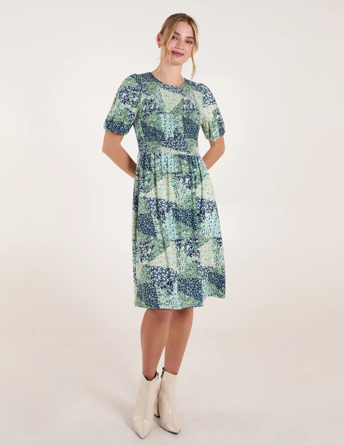 Blue Vanilla Shirred Bust Puff Sleeve Patchwork Mini Dress