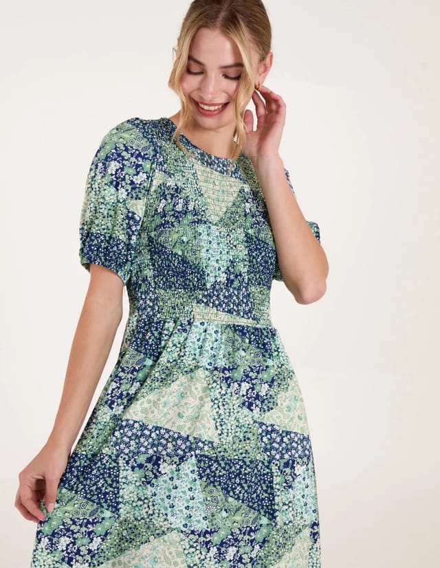 Blue Vanilla Shirred Bust Puff Sleeve Patchwork Mini Dress - 2