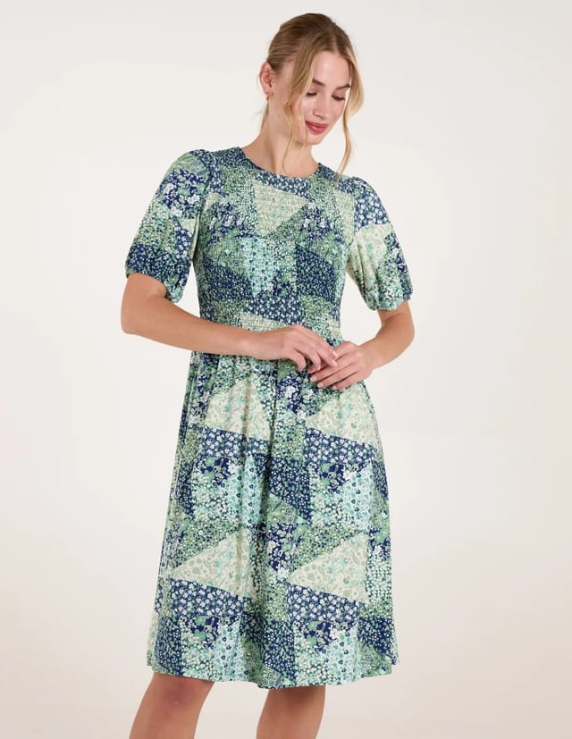 Blue Vanilla Shirred Bust Puff Sleeve Patchwork Mini Dress - 3