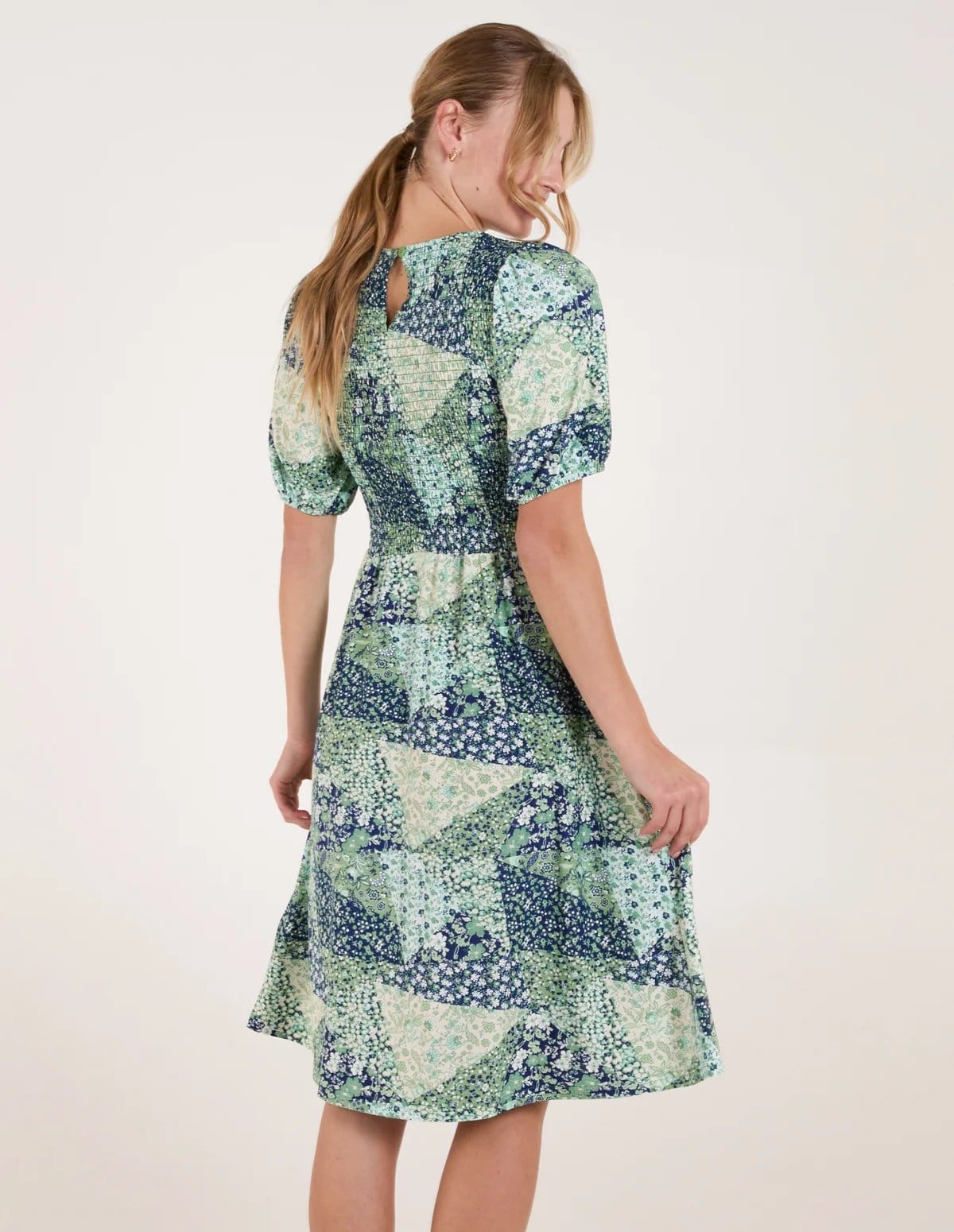 Blue Vanilla Shirred Bust Puff Sleeve Patchwork Mini Dress - 4