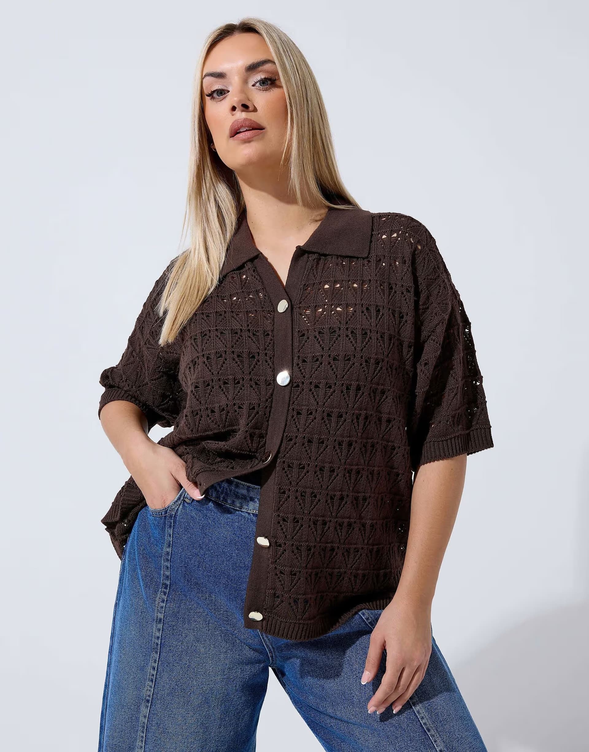 ASOS Yours Clothing Button through crochet shirt in brown