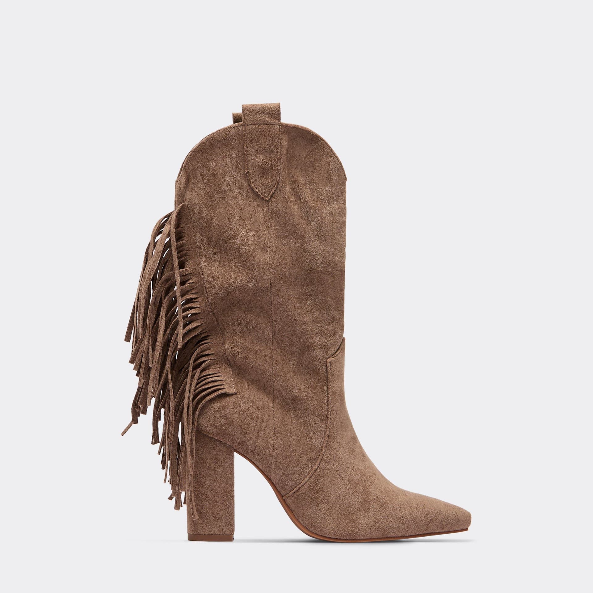 EGO Tate Fringe Detail Pointed Toe Mid Calf Block Heel Western Cowboy Boot In Taupe Faux Suede, Women's Size UK 3