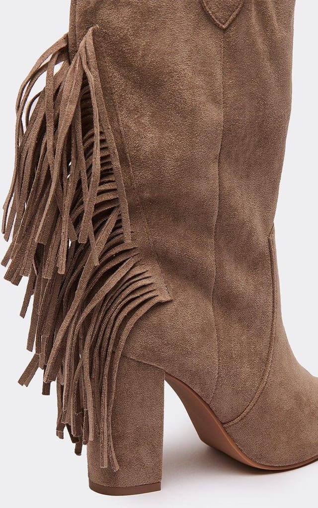 EGO Tate Fringe Detail Pointed Toe Mid Calf Block Heel Western Cowboy Boot In Taupe Faux Suede, Women's Size UK 3 - 2