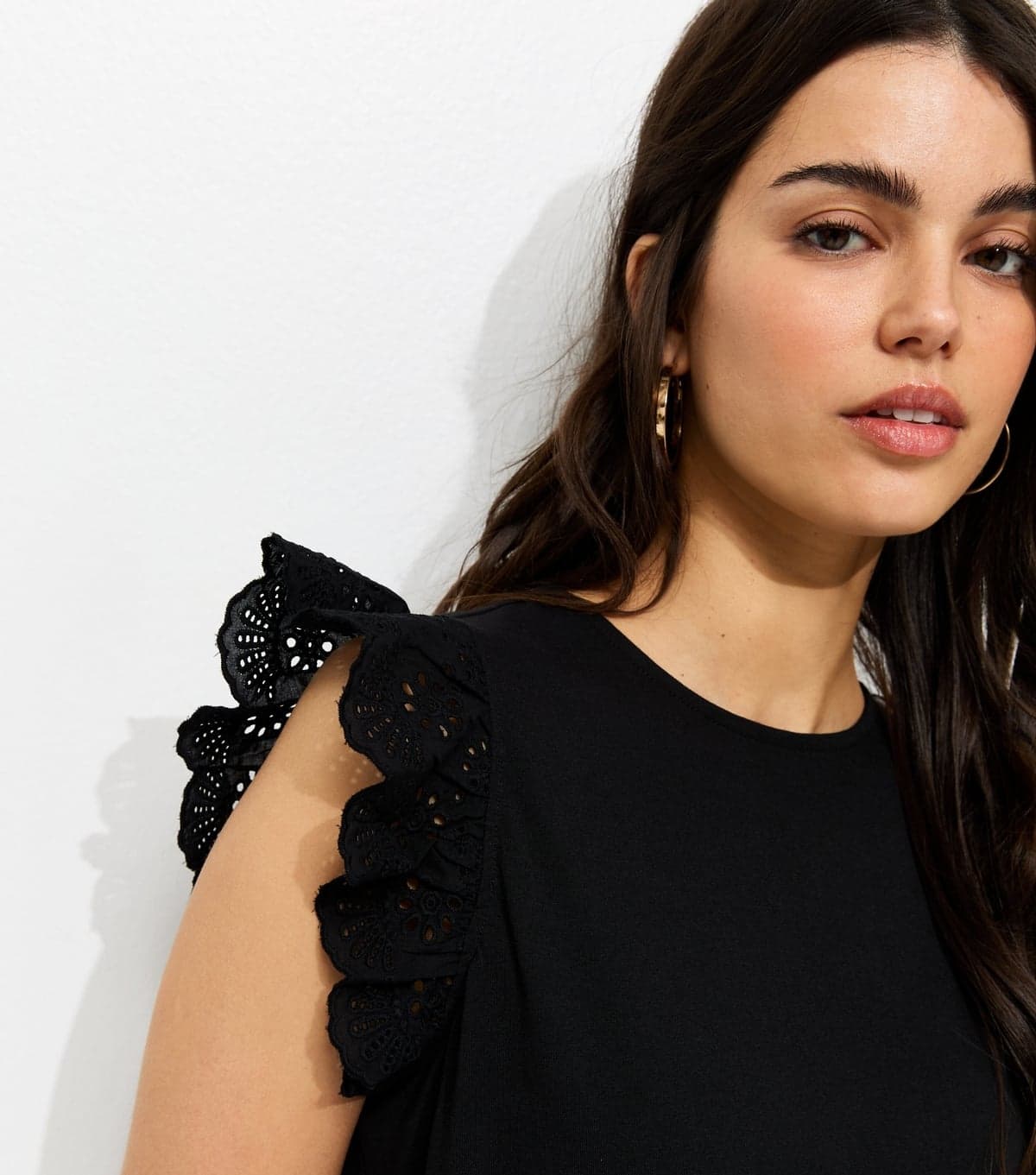 New Look Women's Black Broderie Frill Sleeve Top New Look