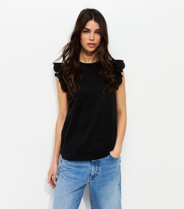 New Look Women's Black Broderie Frill Sleeve Top New Look - 2