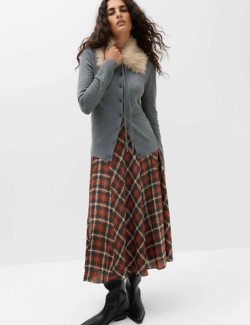 Marks & Spencer M&S Checked Midi A-Line Skirt Black Mix