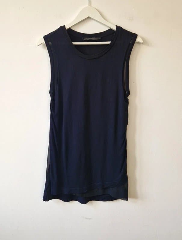 AllSaints All Saints Tank Top 8 Black Sleeveless Stretchy Jersey & Chiffon Layered Vest