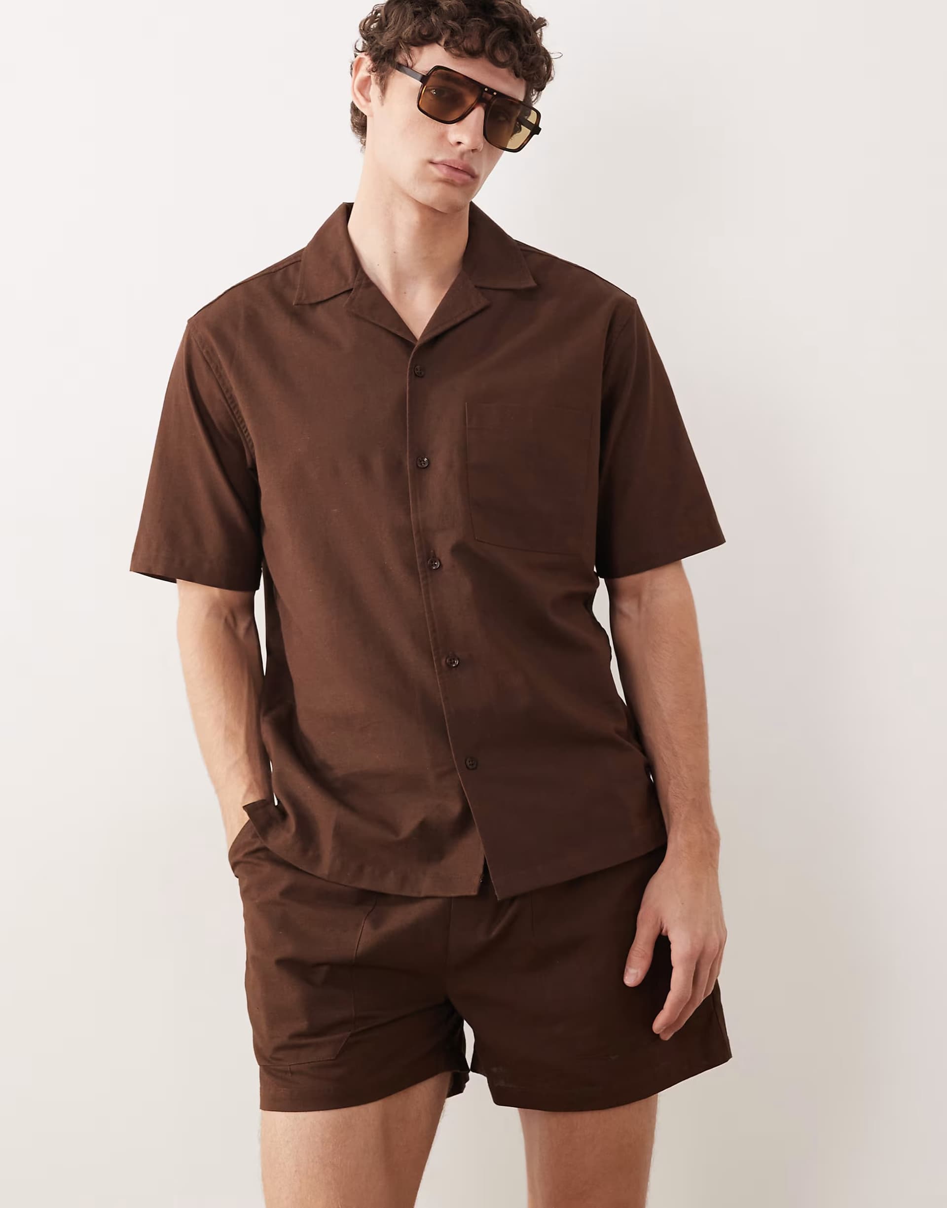 ASOS Free Society linen blend short sleeve shirt in dark brown