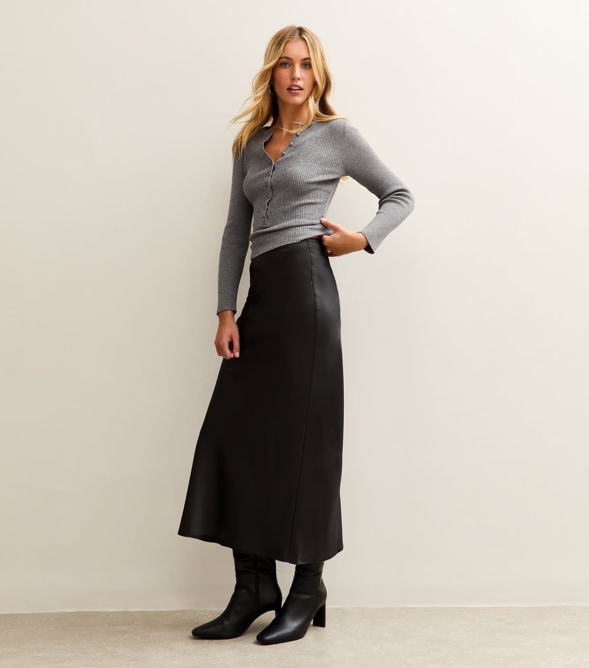 New Look New Look Black Satin Midi Skirt for Tall Women