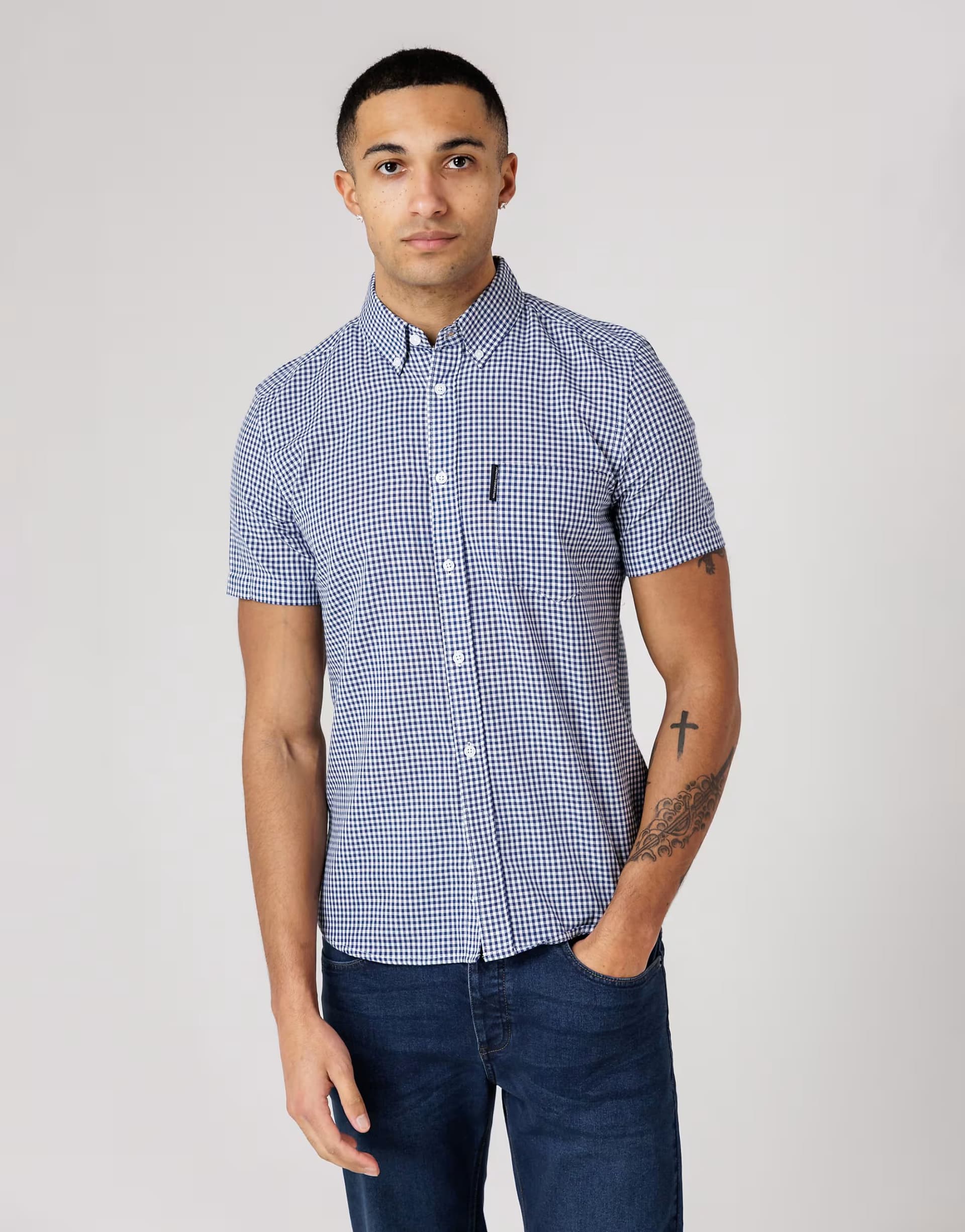 ASOS French Connection Cotton short sleeve gingham chest pocket shirt in blue