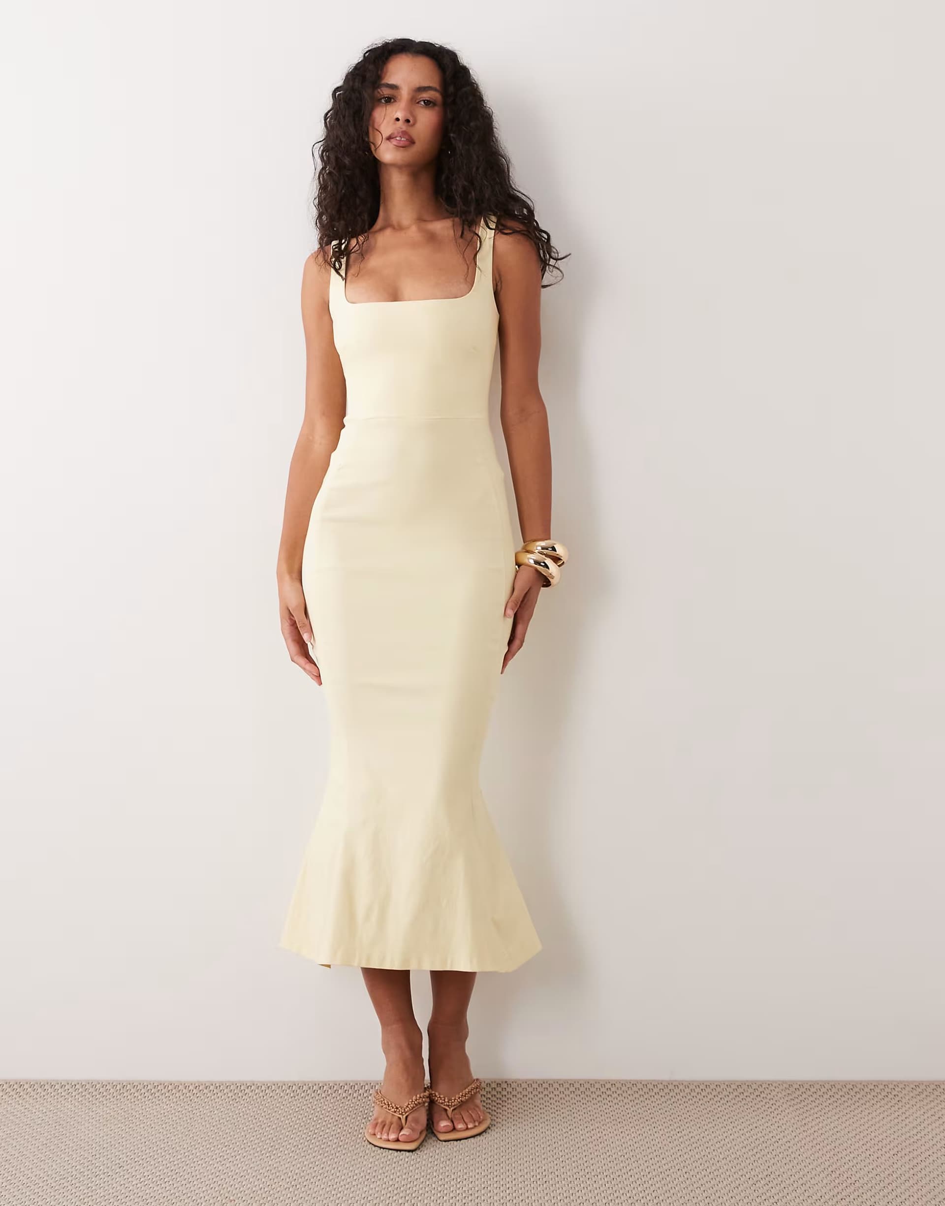 ASOS Vesper bengaline sleeveless square neck fishtail midi dress in yellow