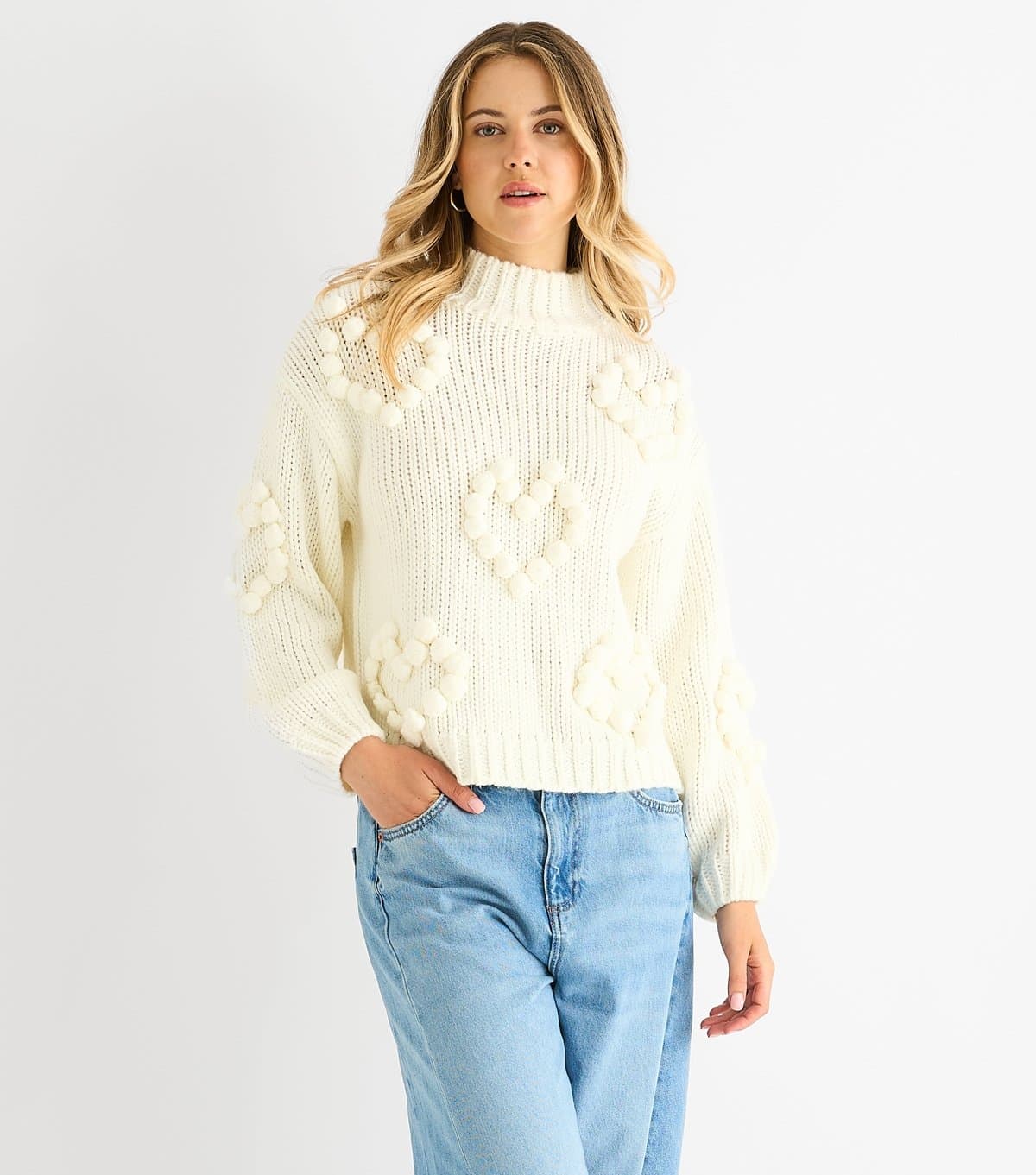 Gini London Women's Cream Heart Bubble Knit Jumper Gini London New Look