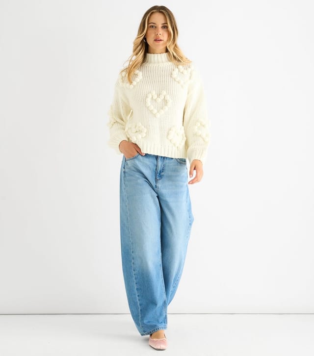 Gini London Women's Cream Heart Bubble Knit Jumper Gini London New Look - 2