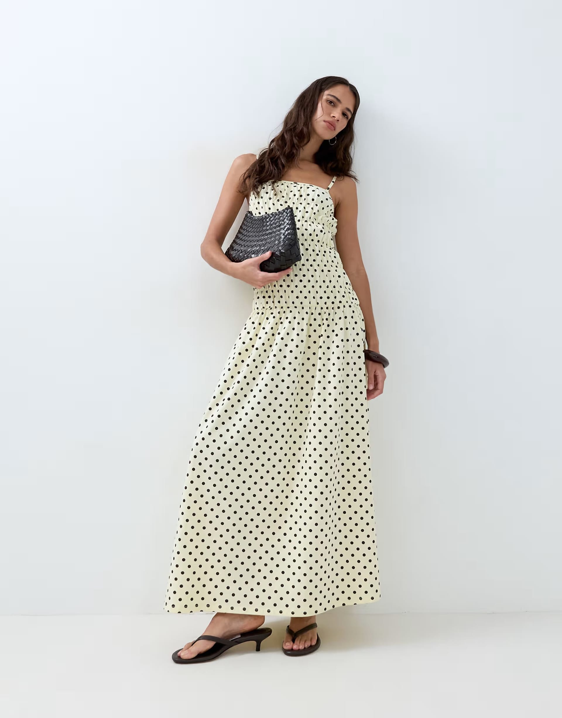 ASOS Yellow Spot Ruched Waist Maxi Dress