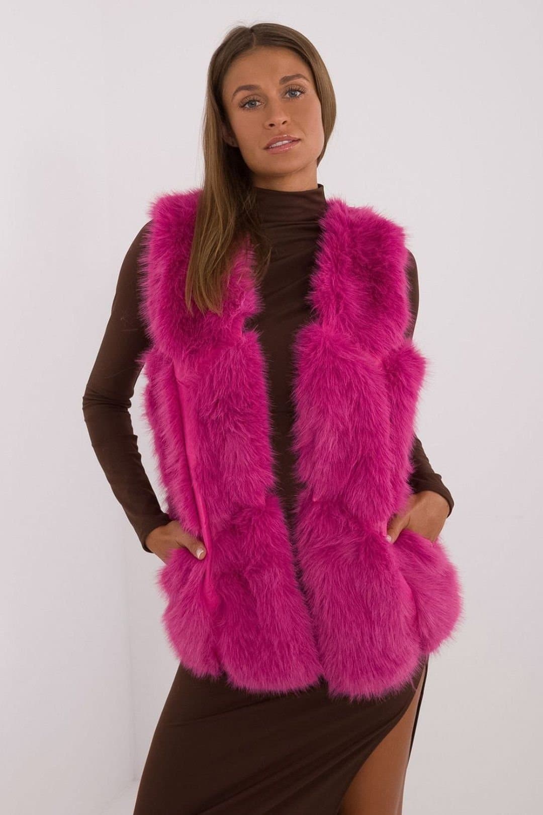 Love Lace Love Lace Women's Faux Fur Slip Pocket Vest for Everyday Wear in Fuchsia