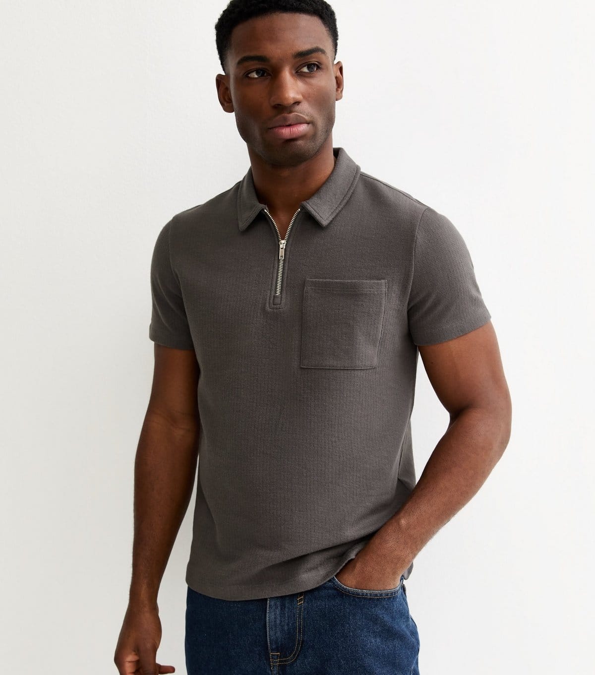 New Look Dark Grey Textured Quarter Zip Polo Shirt