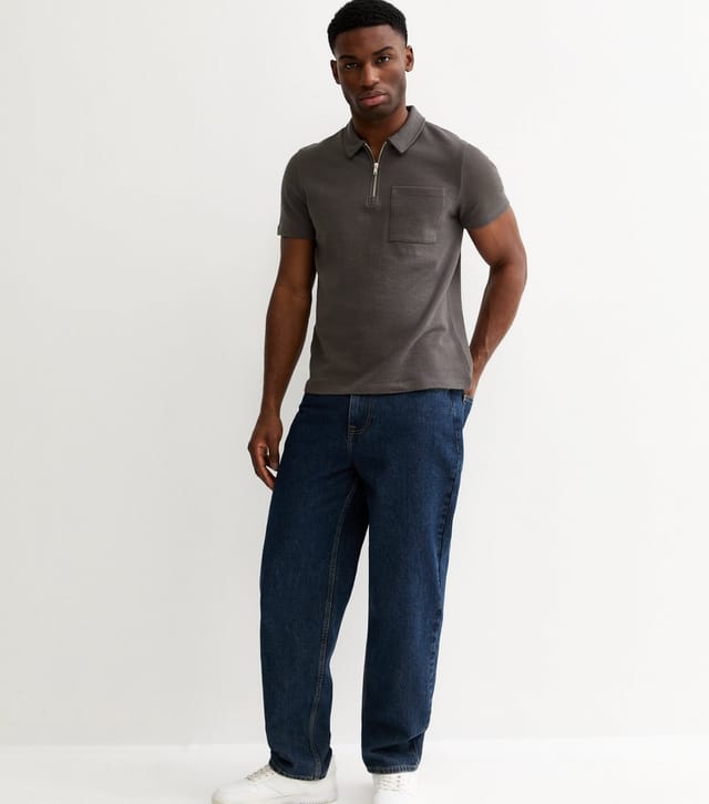 New Look Men's Dark Grey Regular Textured Quarter Zop Polo Shirt New Look - 3