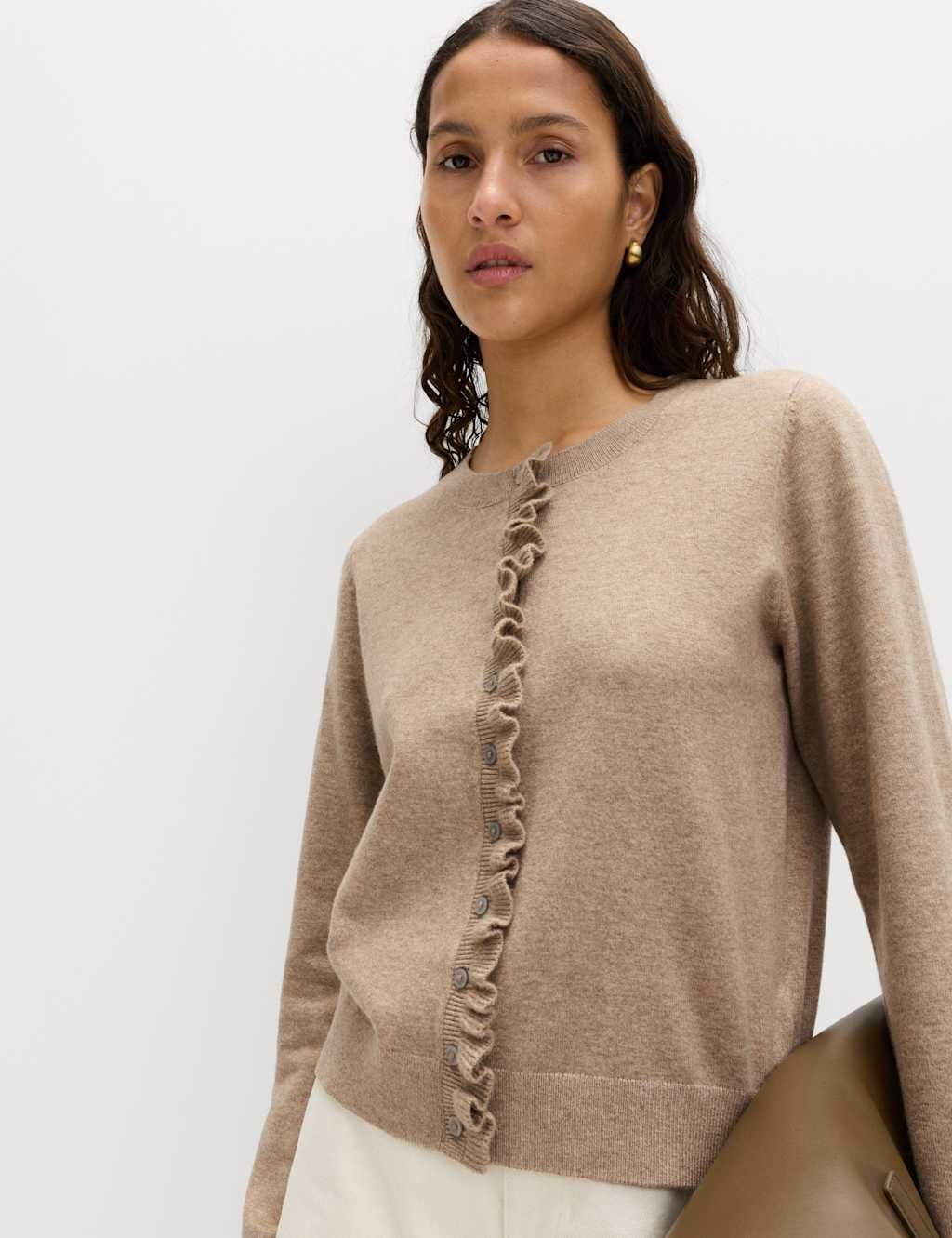 Marks & Spencer M&S Air-Yarn Ruffle Slim Fit Cardigan Cappuccino - 2