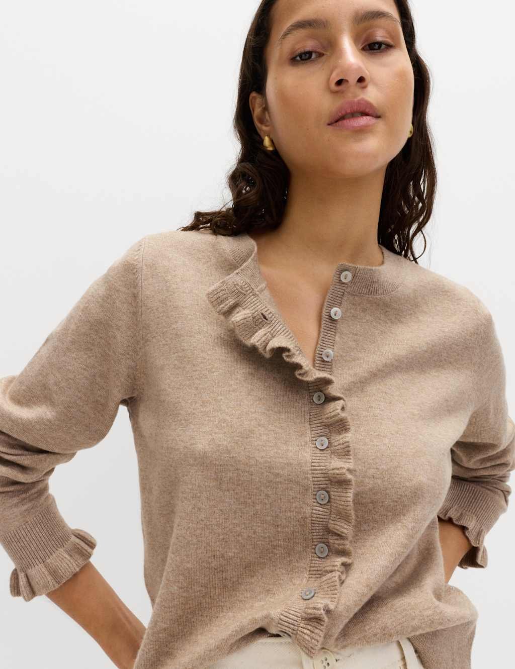 Marks & Spencer M&S Air-Yarn Ruffle Slim Fit Cardigan Cappuccino - 4