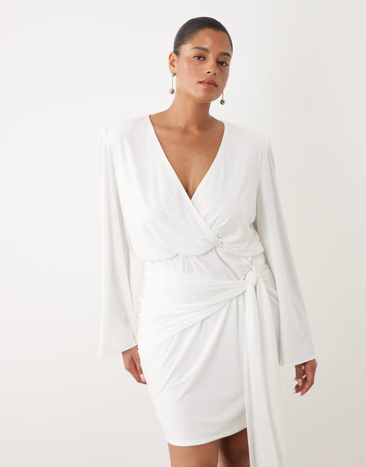 ASOS TFNC Plus slinky v neck shoulder pad drape detail mini dress in white - 1