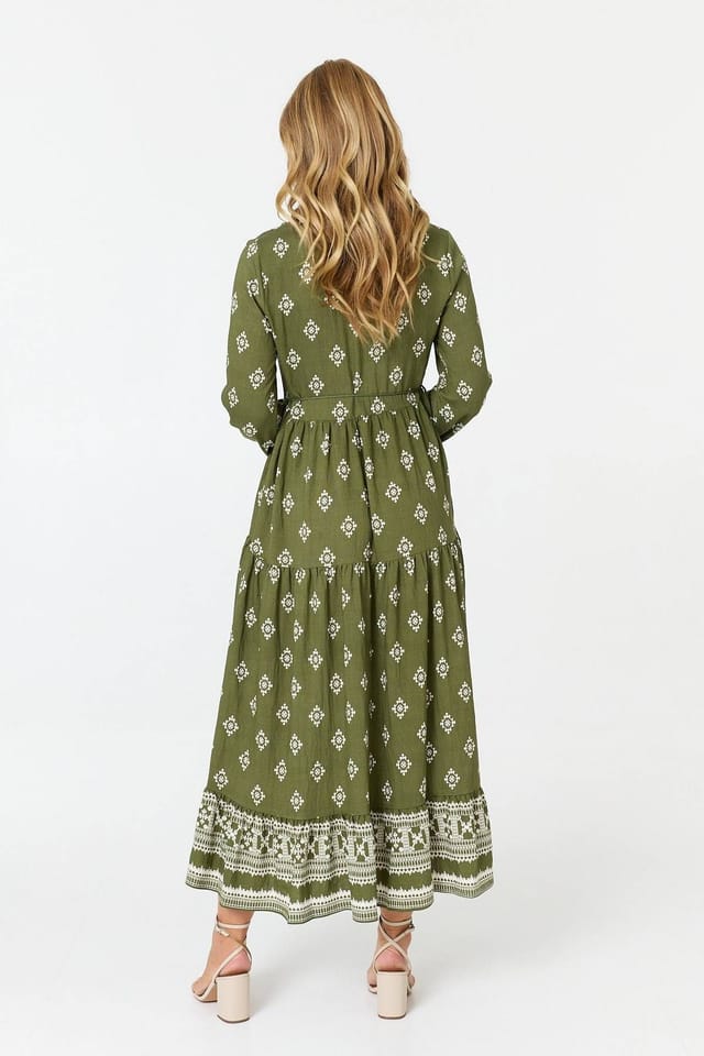 Izabel London Izabel London Women's Printed Long Sleeve Smocked Maxi Dress in Green - 3