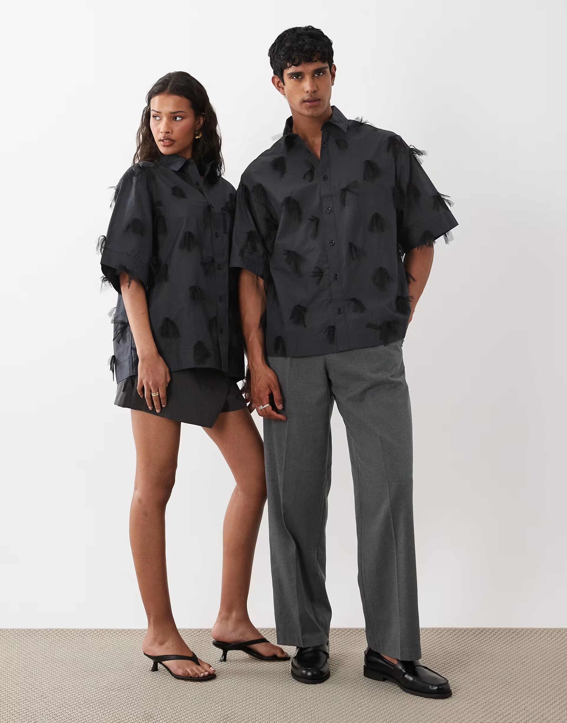 ASOS Sister Jane Nilsson Unisex cotton mesh bow detail boxy short sleeve shirt in black