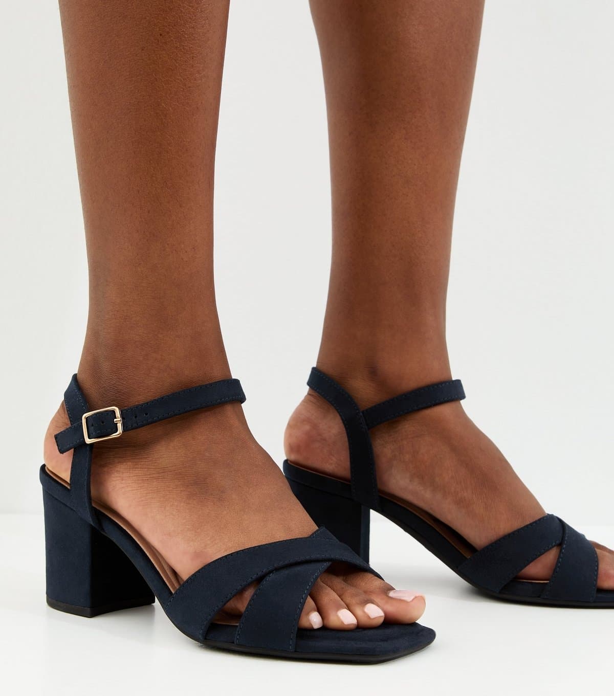 New Look Women's Wide Fit Navy Block Heel Cross Strap Sandals Vegan New Look