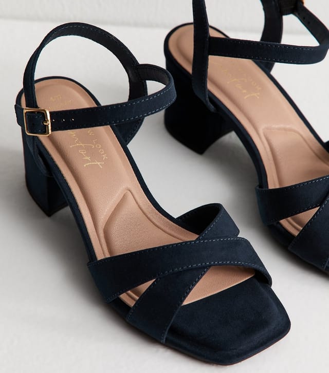 New Look Women's Wide Fit Navy Block Heel Cross Strap Sandals Vegan New Look - 3