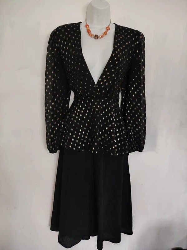 London Vintage 1970s Black & Gold Polka Dot Surplice Dress UK14 V-Neck Long Sleeve Retro Disco RRP £135