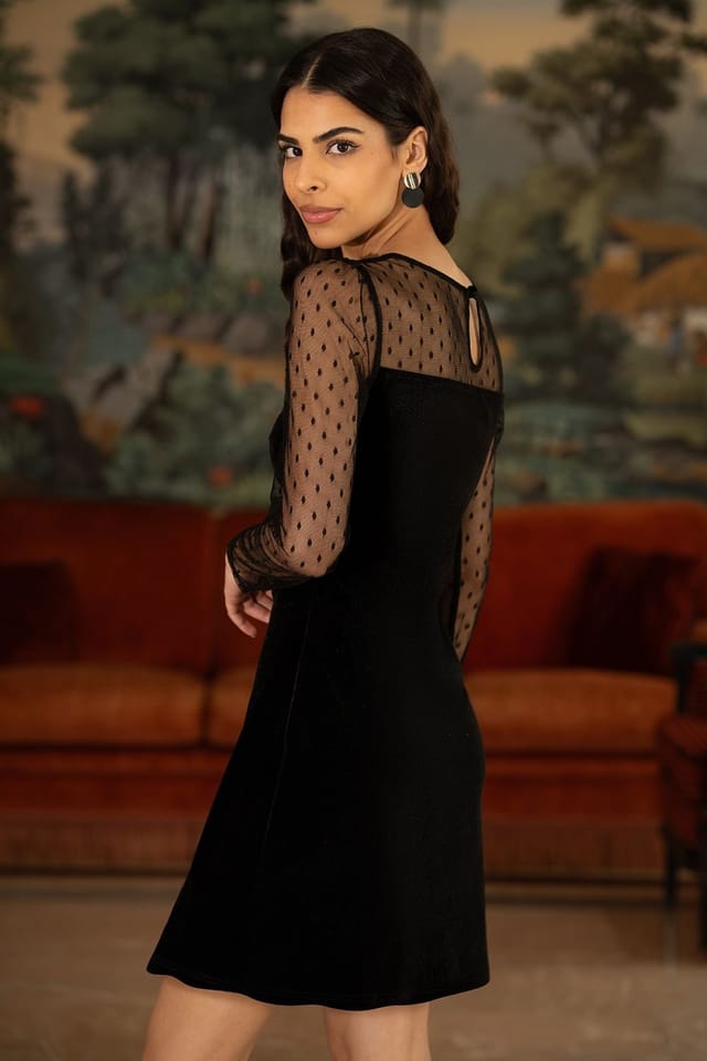 Yumi Yumi Women's Black Velvet Dress With Sheer Long Sleeves - 3