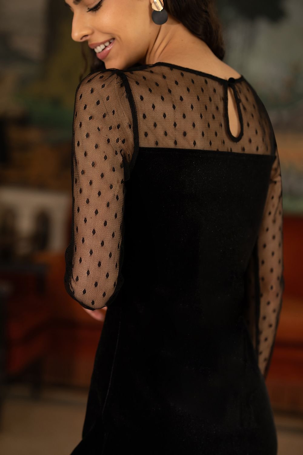 Yumi Yumi Women's Black Velvet Dress With Sheer Long Sleeves - 4