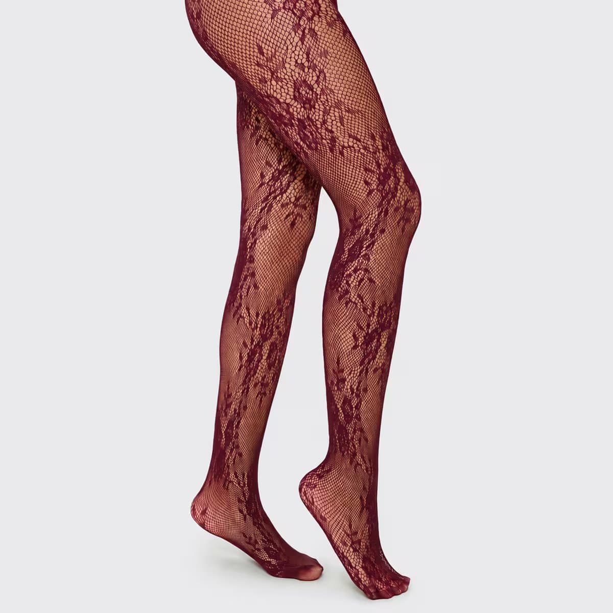 EGO Floral Pattern Detail Fishnet Tights In Burgundy, Women's Size UK 0