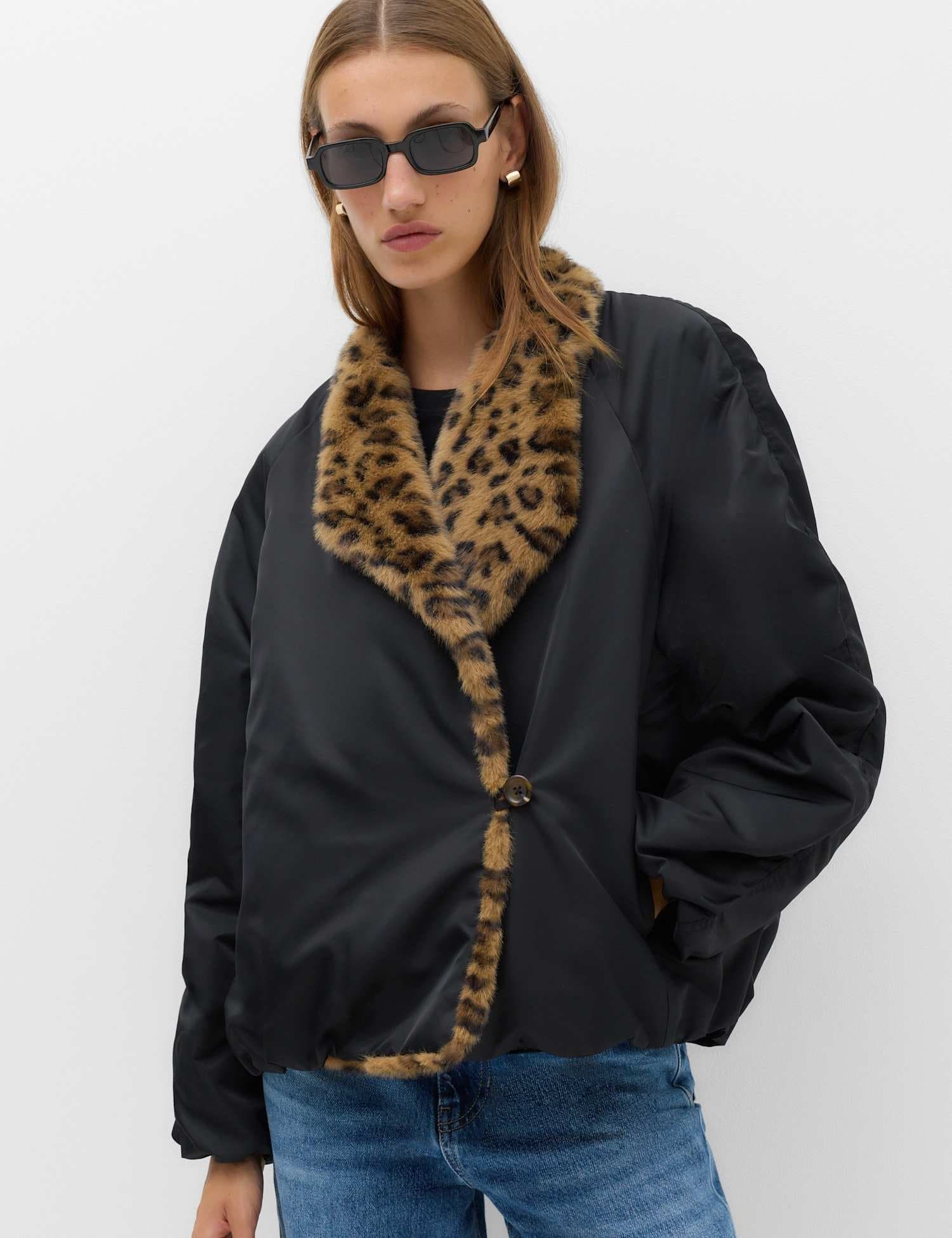 Marks & Spencer M&S Satin Padded Faux Fur Bomber Jacket Black Mix