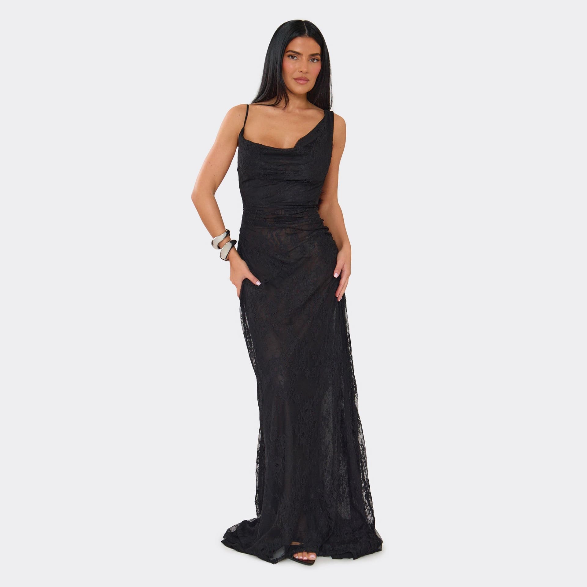 EGO Cowl Neck Twisted Strap Maxi Dress In Black Lace., Women's Size UK 6
