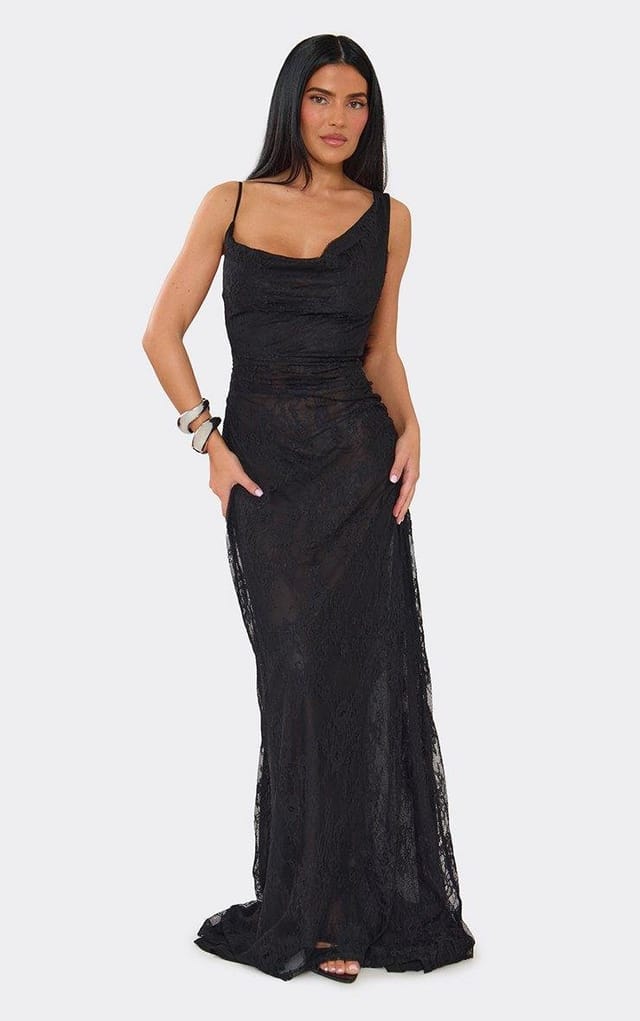 EGO Cowl Neck Twisted Strap Maxi Dress In Black Lace., Women's Size UK 6 - 2
