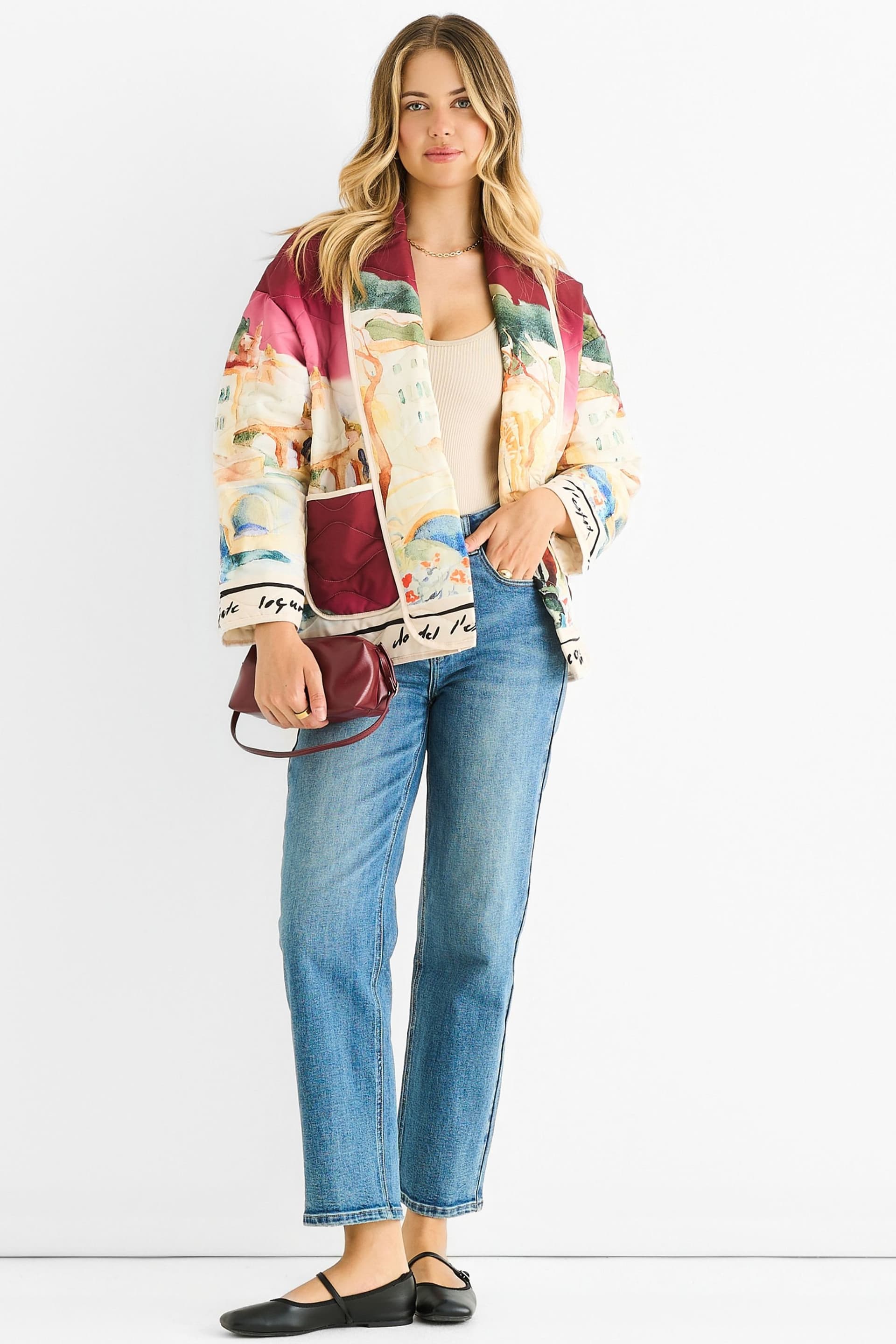 Gini London Gini London Women's Burgundy Water Print Lightweight Quilted Jacket