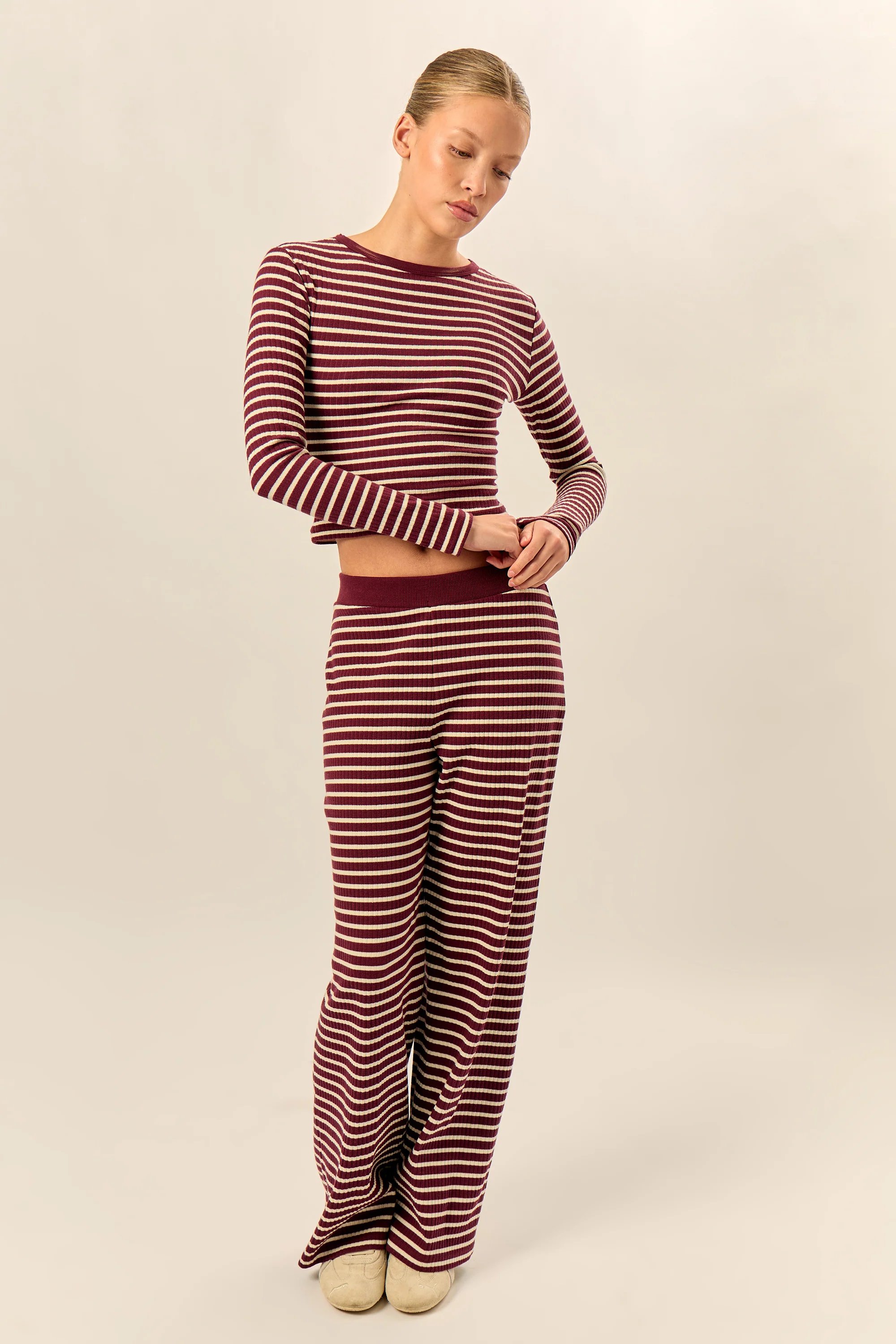 Kaiia Kaiia Striped Rib Fitted Long Sleeve Baby Tee Dark Cherry & Cream - 3