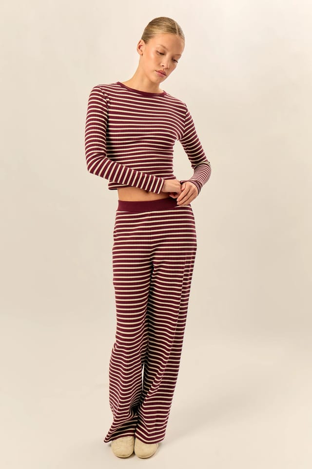 Kaiia Kaiia Striped Rib Fitted Long Sleeve Baby Tee Dark Cherry & Cream - 3