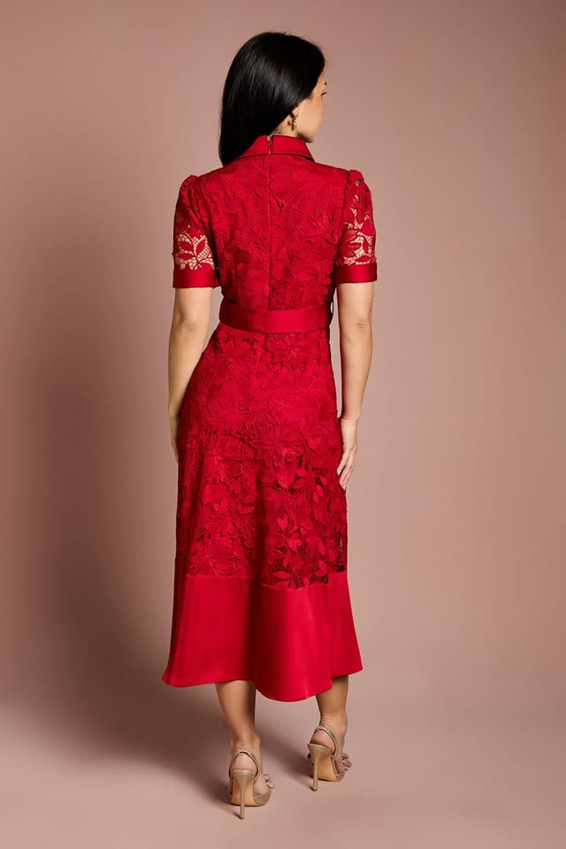 Coast Coast Women's Petite Satin Trim Lace Shirt Midi Dress in Red - 3