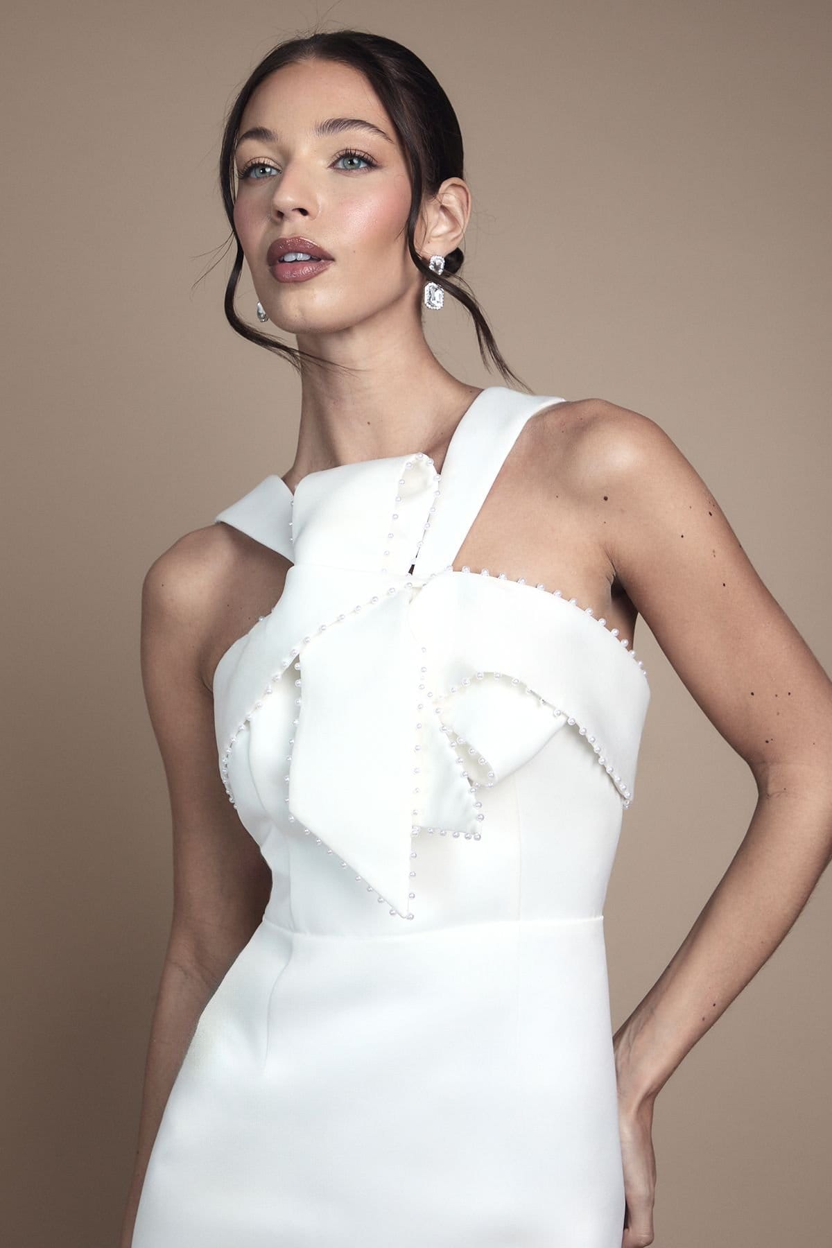 Coast Coast Women's Halter Neck Pearl Detail Mini Wedding Dress in Ivory - 4