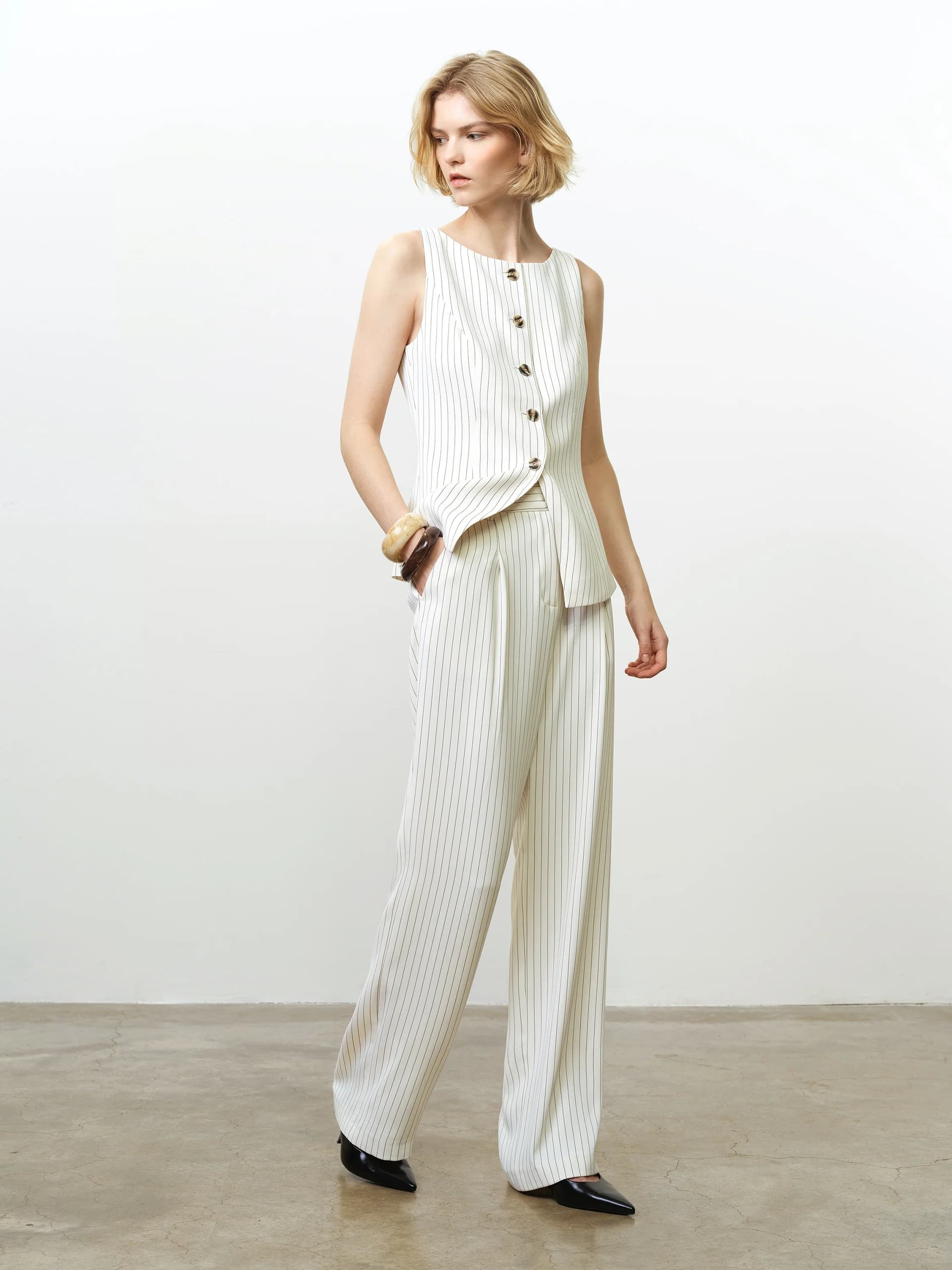 French Connection Vinnie Pinstripe Wide Leg Trousers Porcelain Cream/Black