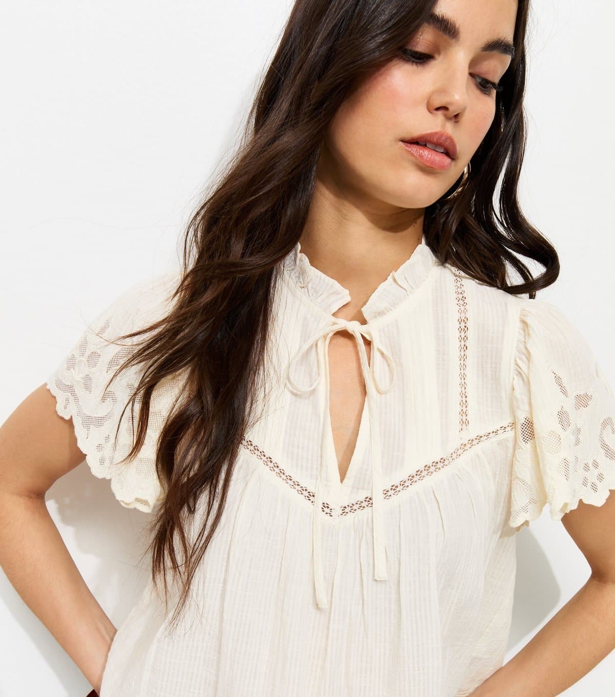New Look Women's Cream Embroidered Tie Neck Short Sleeve Blouse New Look