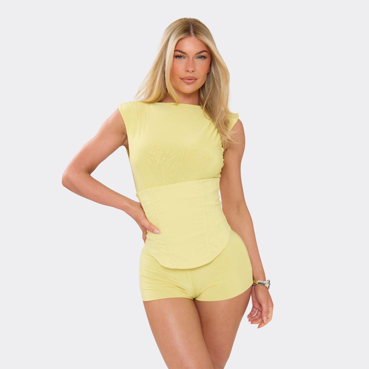 EGO Sleeveless Ruched Corset Detail Playsuit In Yellow, Women's Size UK 6 - 1