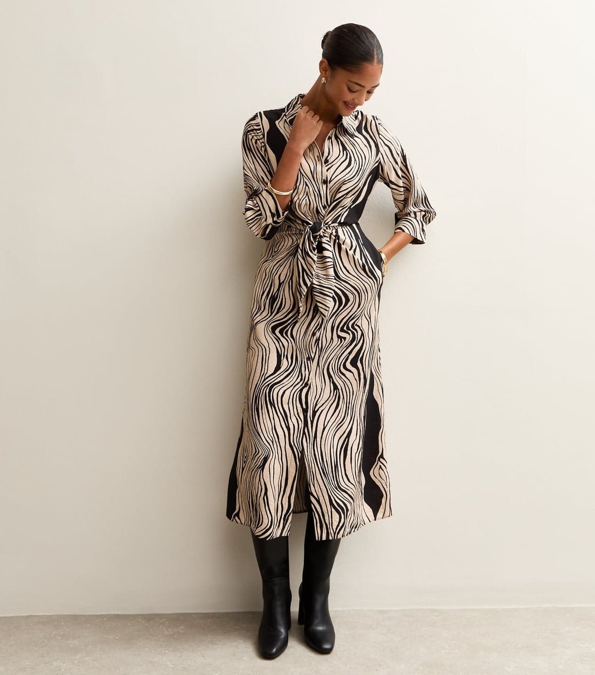 New Look Women's Black Abstract Pattern Midi Shirt Dress New Look