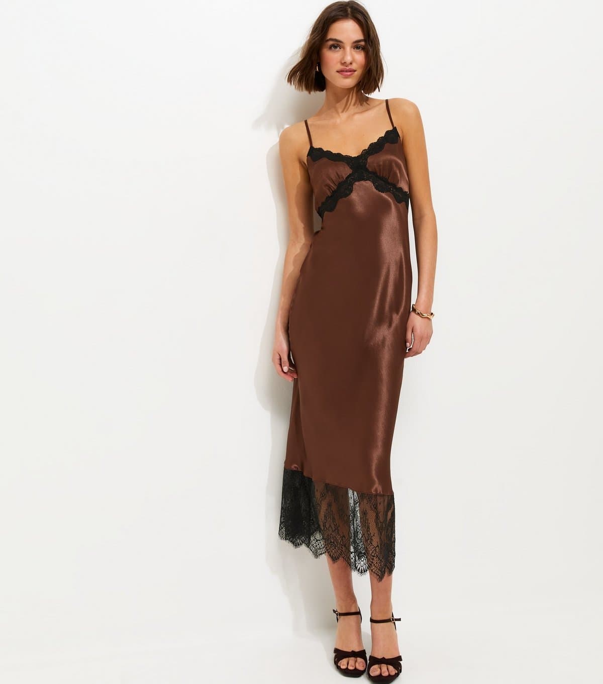 New Look Women's Dark Brown Satin Lace Trim Midi Dress New Look