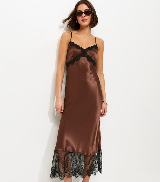 New Look Women's Dark Brown Satin Lace Trim Midi Dress New Look - 3