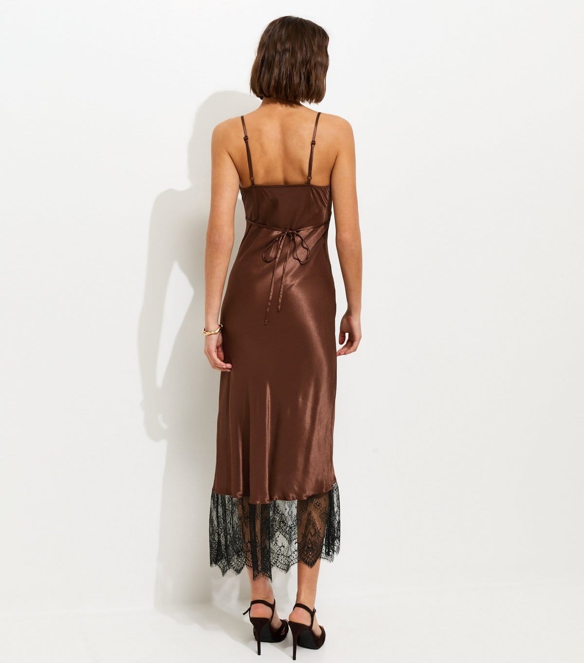 New Look Women's Dark Brown Satin Lace Trim Midi Dress New Look - 4