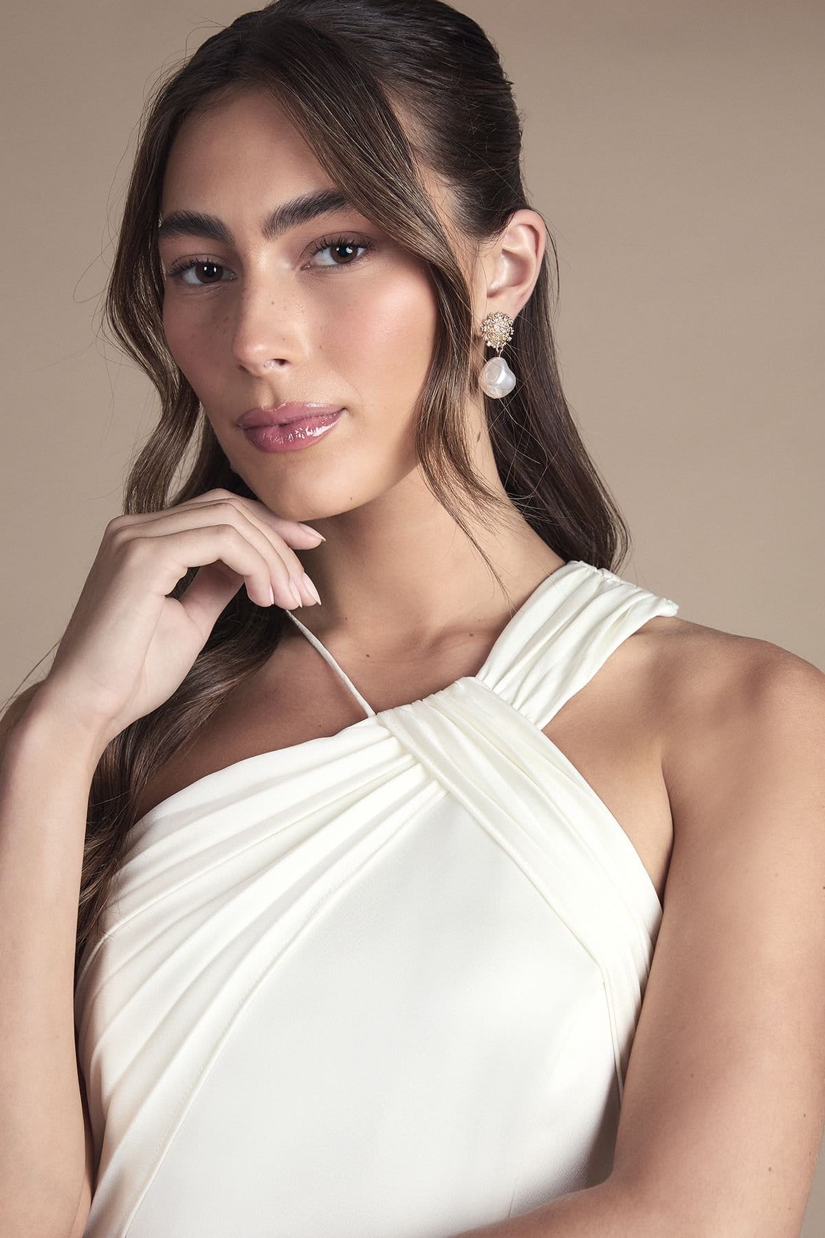 Coast Coast Women's Pleat Detail Halter Neck Fishtail Satin Maxi Wedding Dress in Ivory - 4